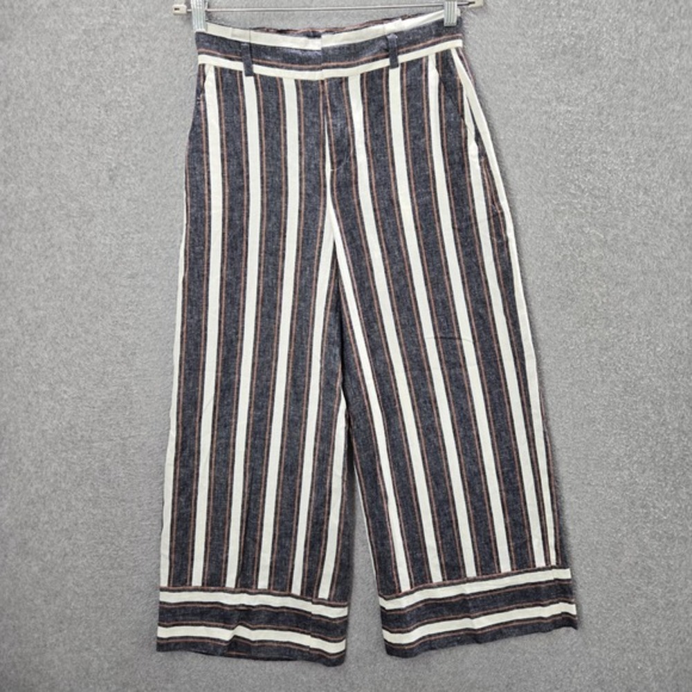 Banana Republic Women Pants 4 Gray Striped Blake Crop Linen Blend Wide Leg